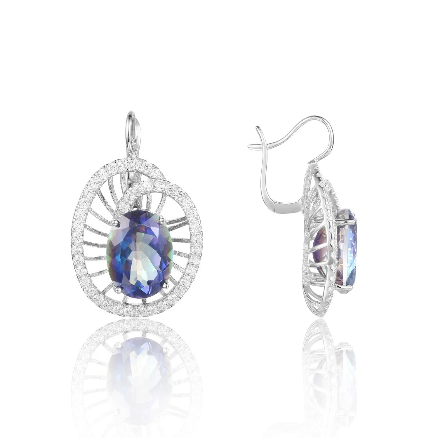 Abiding 12X16 Natural Big Mystic Quartz - Blueish Stone Fancy Luxurious 925 Sterling Silver Earrings Women for Bridal