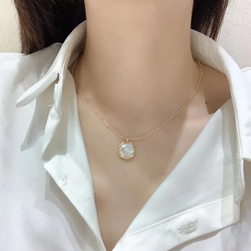 Laodun Natural Pearl Round Pendant Chain Necklace for Women 18K Gold Stainless Steel Vermeil Collar Necklace Vermeil