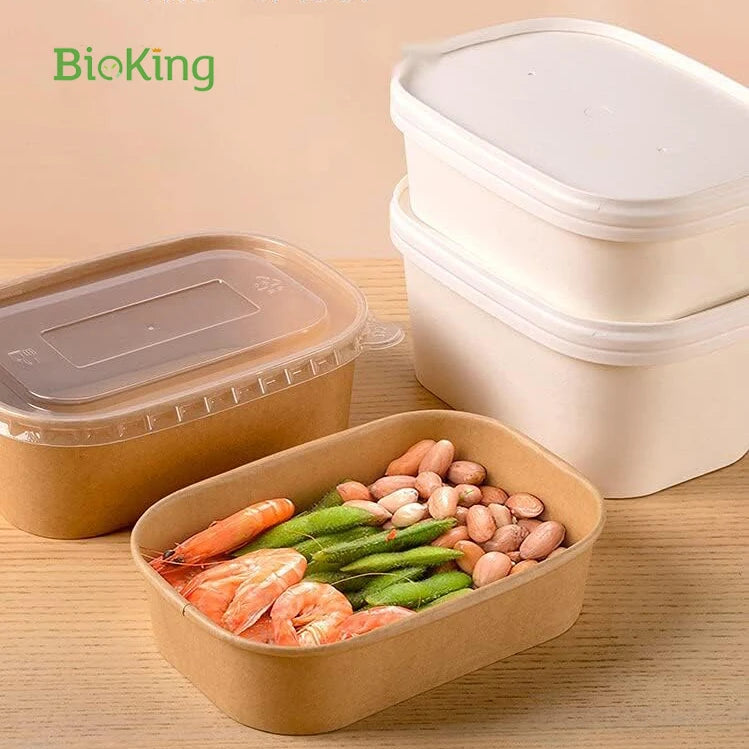 BioKing Recyclable Square Take Out Salad Paper Bowl Disposable Rectangular Salad Food Lunch Togo Kraft Paper Bowls with Lid
