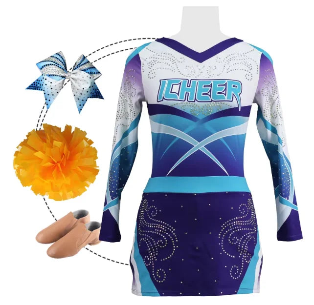 Competition-Ready Unisex Cheerleading Uniform Sets (Custom Team Colors Logos Heat-Transfer Printed Rhinestone Applique