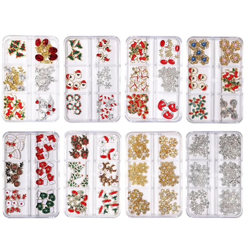 6 Grid Mixed Metal Alloy 3D Christmas Nail Art Charms Snowflakes Reindeer Nail Accessories Decorations