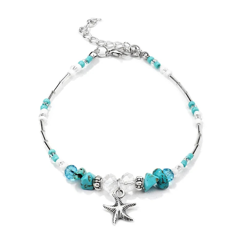 Charm Blue Turtle Anklets for Women Girls Multilayer Beads Handmade Beach Ankle Bracelet Set Boho Foot Jewelry