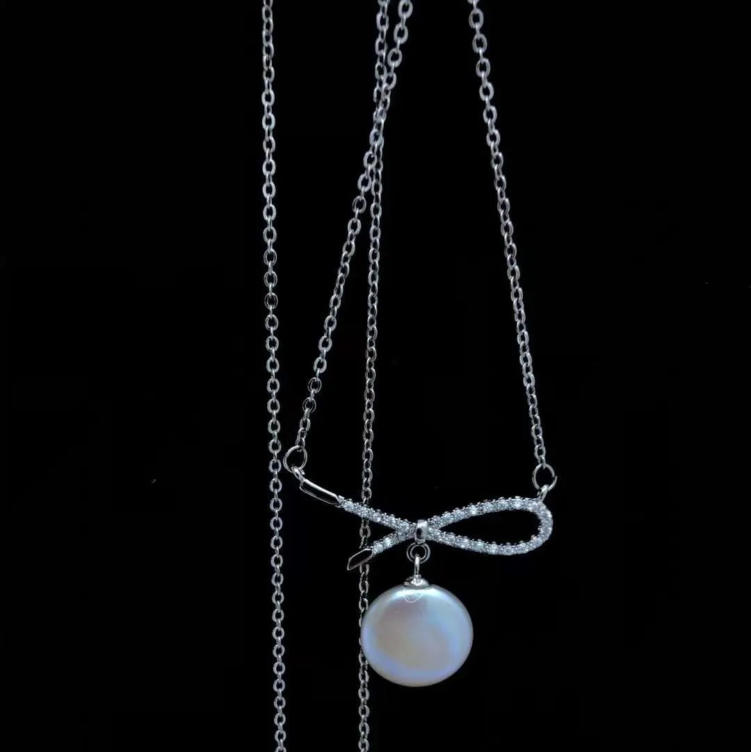 European Plain Chain Style New French Silver Bow Necklace Natural Baroque Button Freshwater Pearl Premium Pearl Necklaces