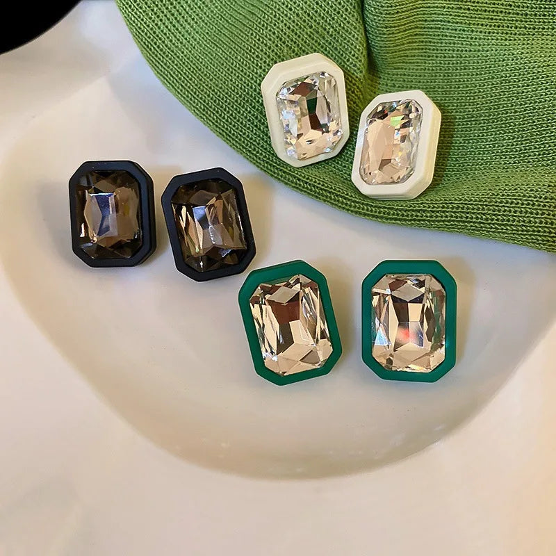 Needle Charm Women Designer Earrings S925 Silver Korean Retro Fashion Personality Diamond Encrusted Geometric Acrylic Square FS
