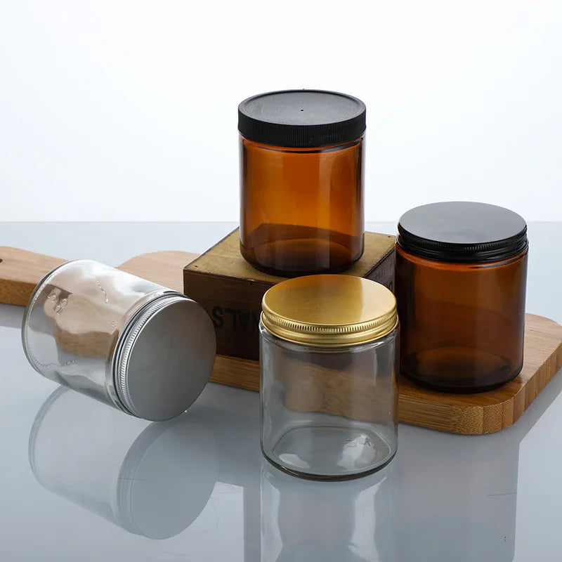 D7.2*H8.8cm Custom Logo 250g Round Amber Transparent Jar Glass Empty Candle Jars With Aluminum Cap
