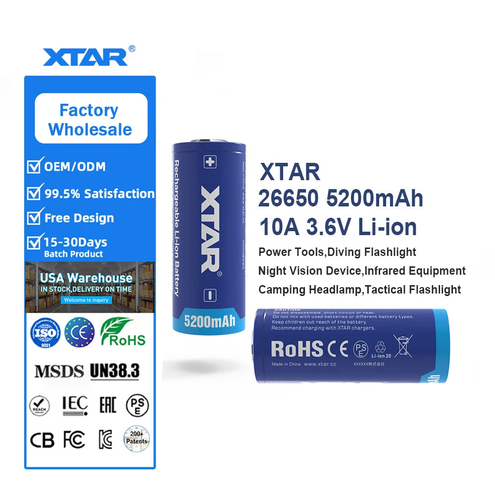 XTAR High Capacity 5200mAh 26650 Li-ion Battery XTAR Rechargeable Batteries with protection