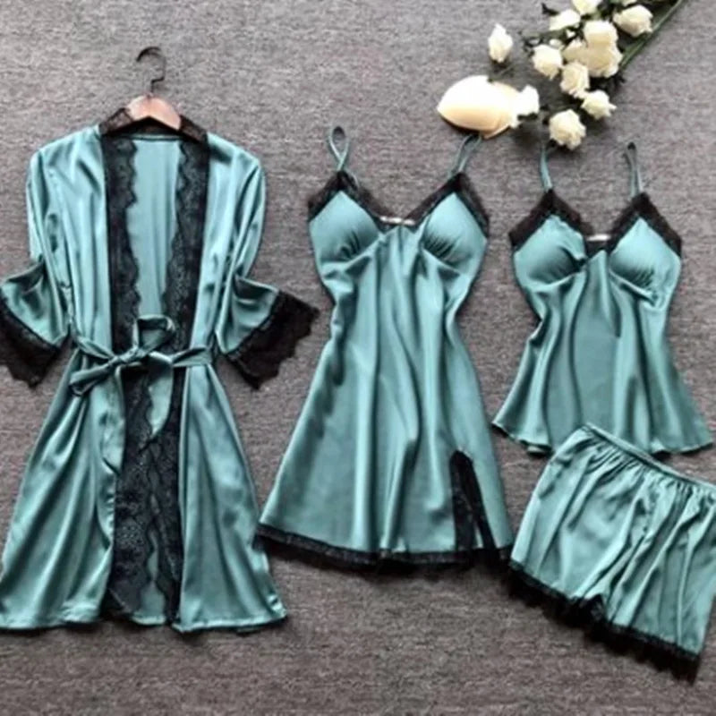 Women's Underwear Pajamas Sets Lingerie Dress Sexy Silk Satin Robe 4pcs Sleepwear Cami Top Stain Pjs for Women
