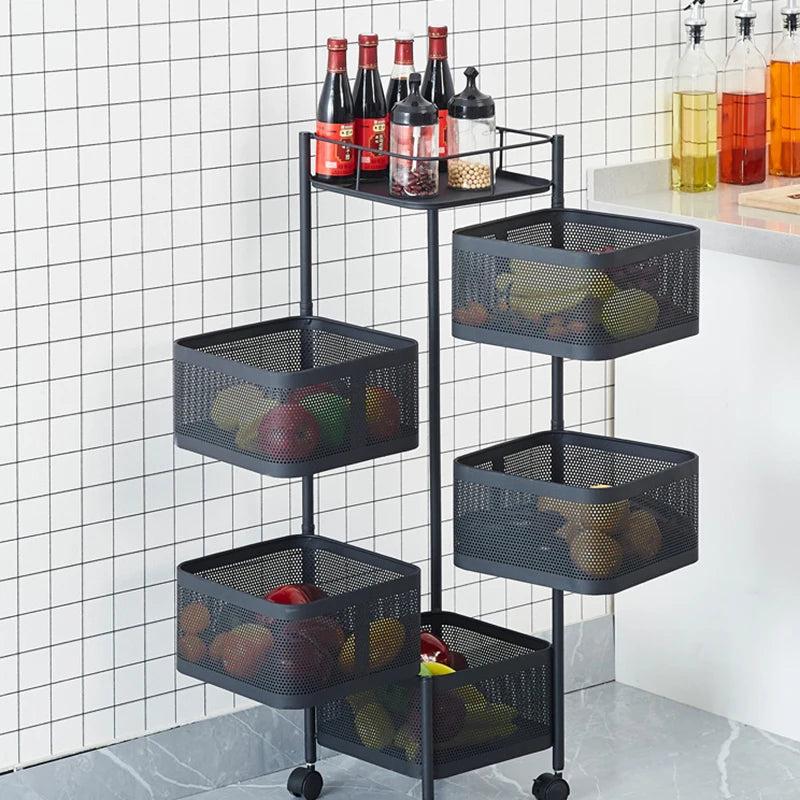 Ready to Ship 5 Tier Multi-functional Floor Trolley 360 Degree Rotation Kitchen Storage Rack Shelf Fruit Vegetable Storage Rack