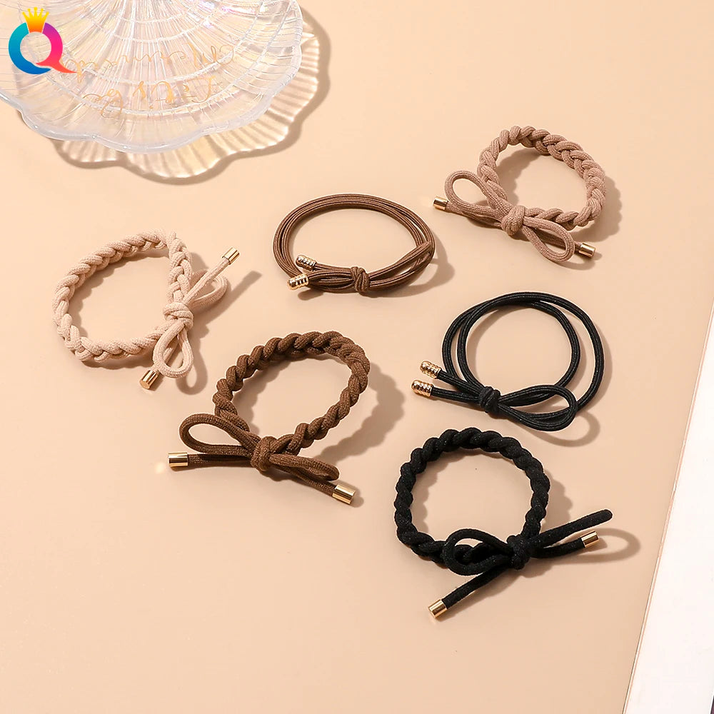 Double Strand Solid Color Knot Elastic Hair Tie Nylon Hair Band with Metal End  Girl Ponytail Holder