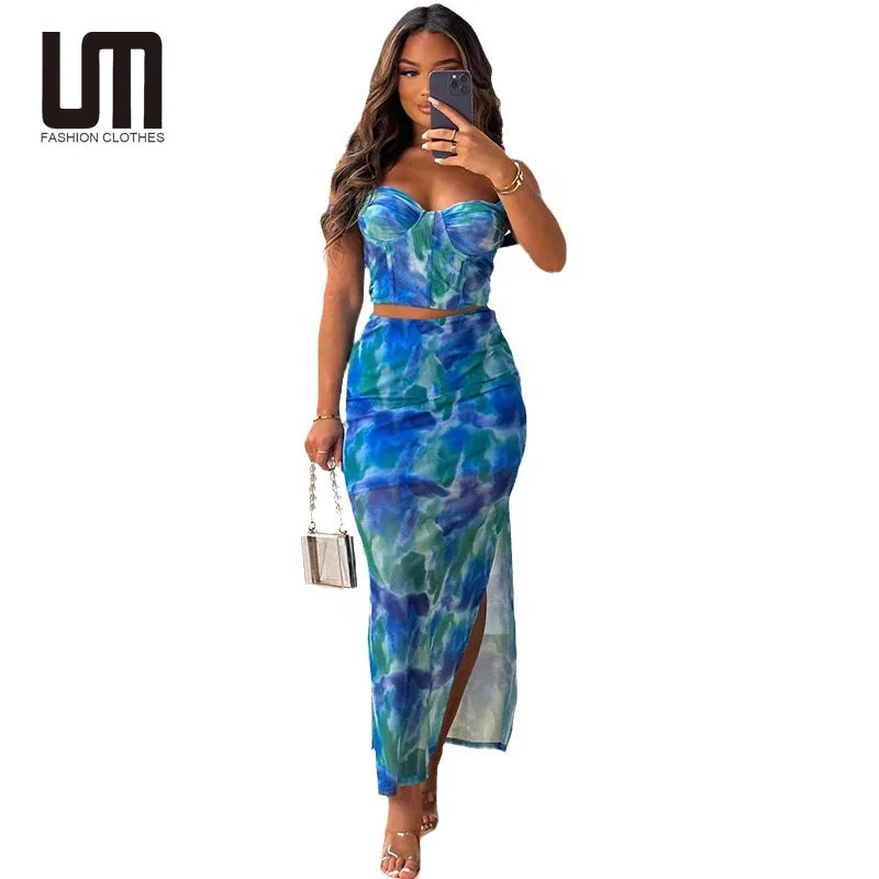 Liu Ming New Design Fashion Women Casual Crop Top 2 Piece Floral Print Sleeveless Slim Bodycon Maxi Skirt Sets