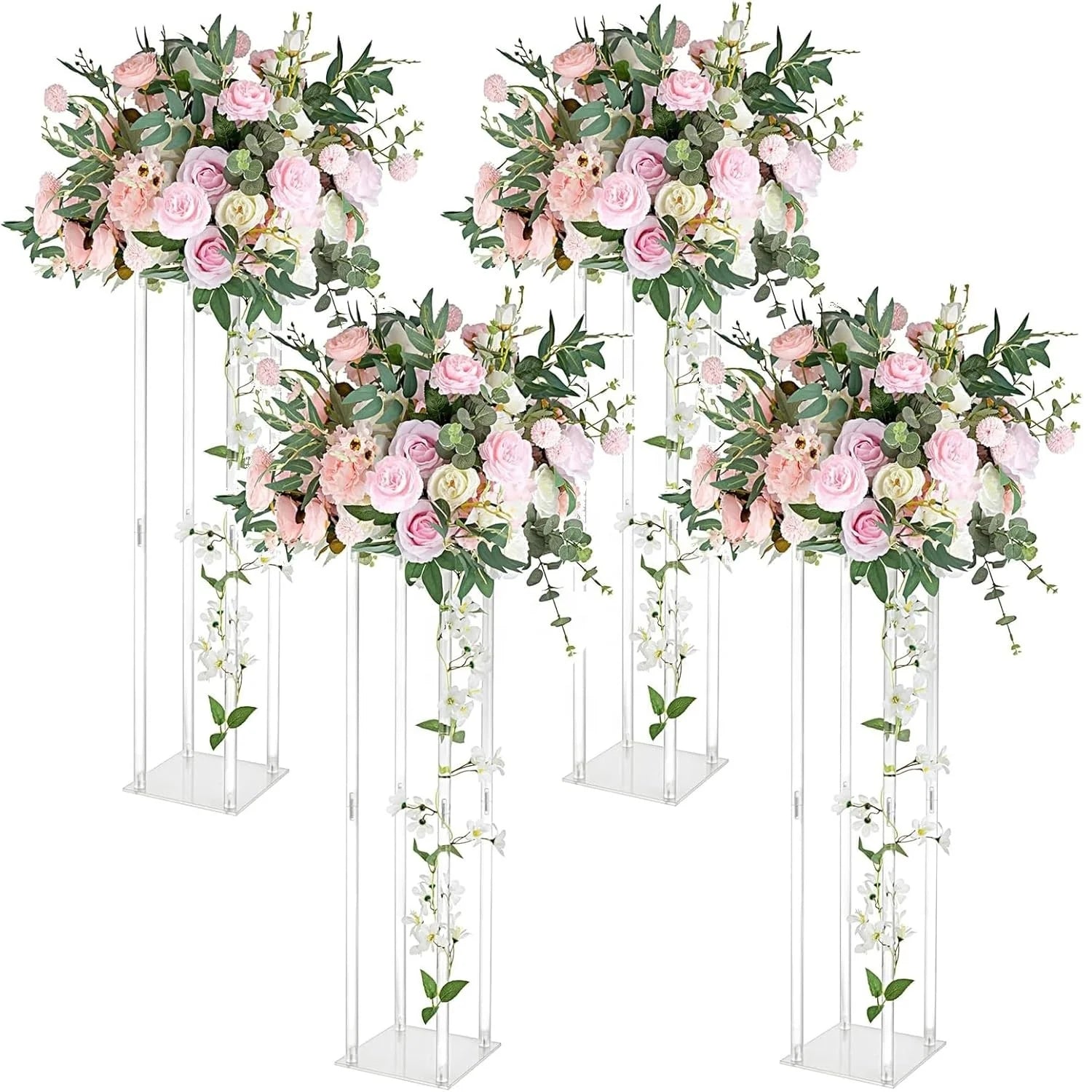 4pcs 10-Inch Tall Acrylic Clear Vases Wedding Centerpieces 24-Inch Geometric Flower Stand Display Rack Home Table Decorations