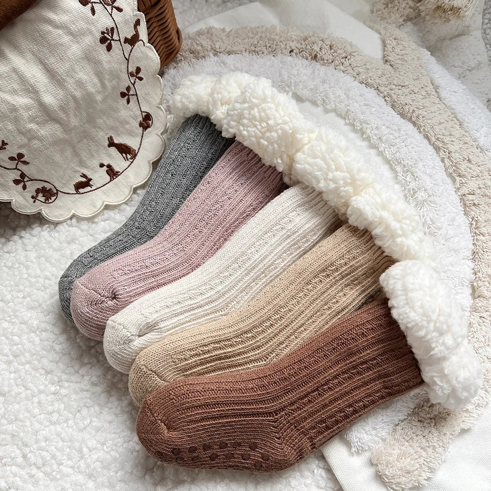 High Quality Children Winter Warm Fleece Lined Knit Slippers Socks Baby Kids Anti Slip Thick Fuzzy Sherpa Socks