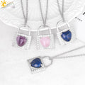 CSJA Natural Reiki Healing Natural Love Heart Gemstone Crystal Zircon Lock Pendant Necklace for Lover Women H057
