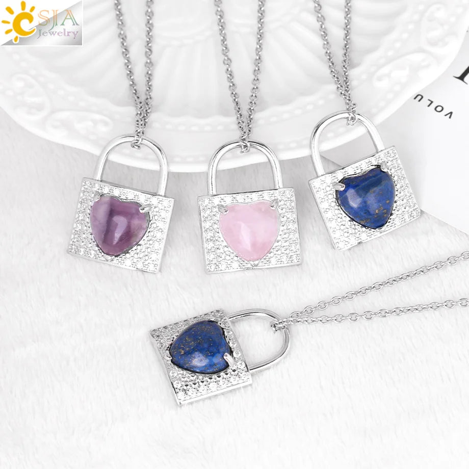 CSJA Natural Reiki Healing Natural Love Heart Gemstone Crystal Zircon Lock Pendant Necklace for Lover Women H057
