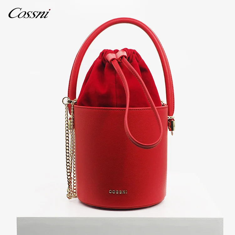 Bright Red Top Cow Leather Shoulder Bag Special Design Drawstring Closure Bucket Bag