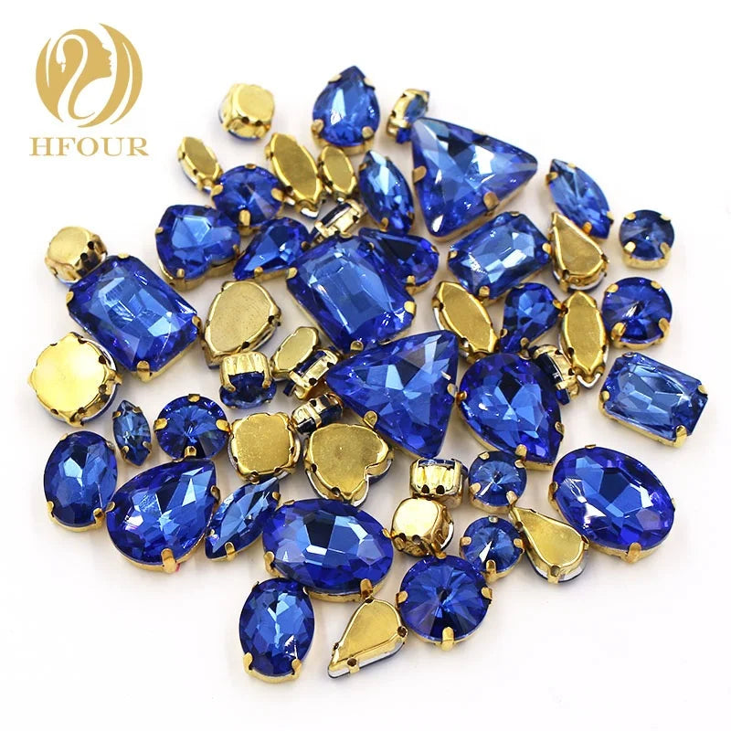50 Pieces Per Pack Light Blue Color Mixed Shape Sewn Rhinestones With Gold Claws