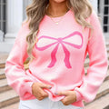 Women's Autumn Casual Long Sleeve Knitted Sweater with Big Bow Crew Neck Anti-Wrinkle Warm Plain Color