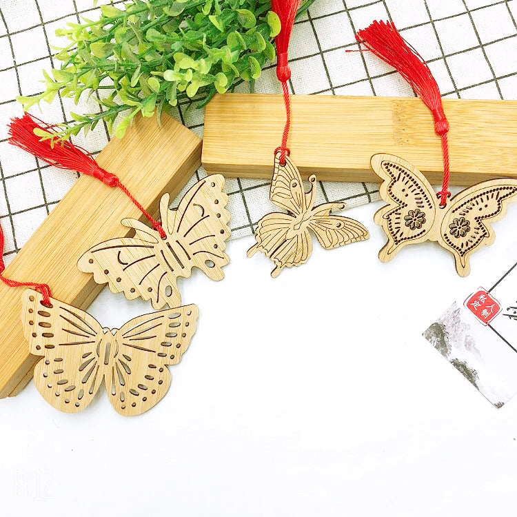 Customizable Mini Butterfly Shaped Carved Bamboo Bookmark Eco-Friendly Animal Style Crafts Tassels Custom Logo OEM/ODM Available