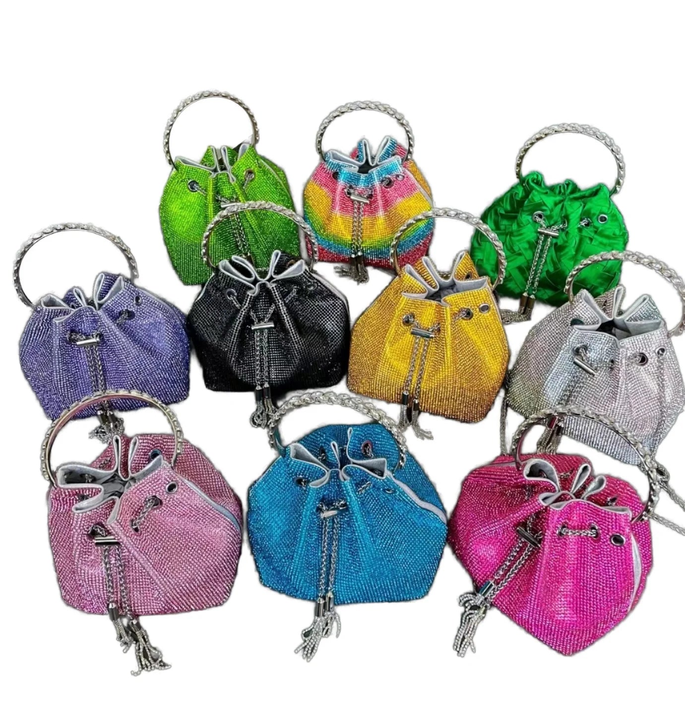 Ladies Stylish Drawstring Diamond Bucket Bag Rhinestones Evening Bag