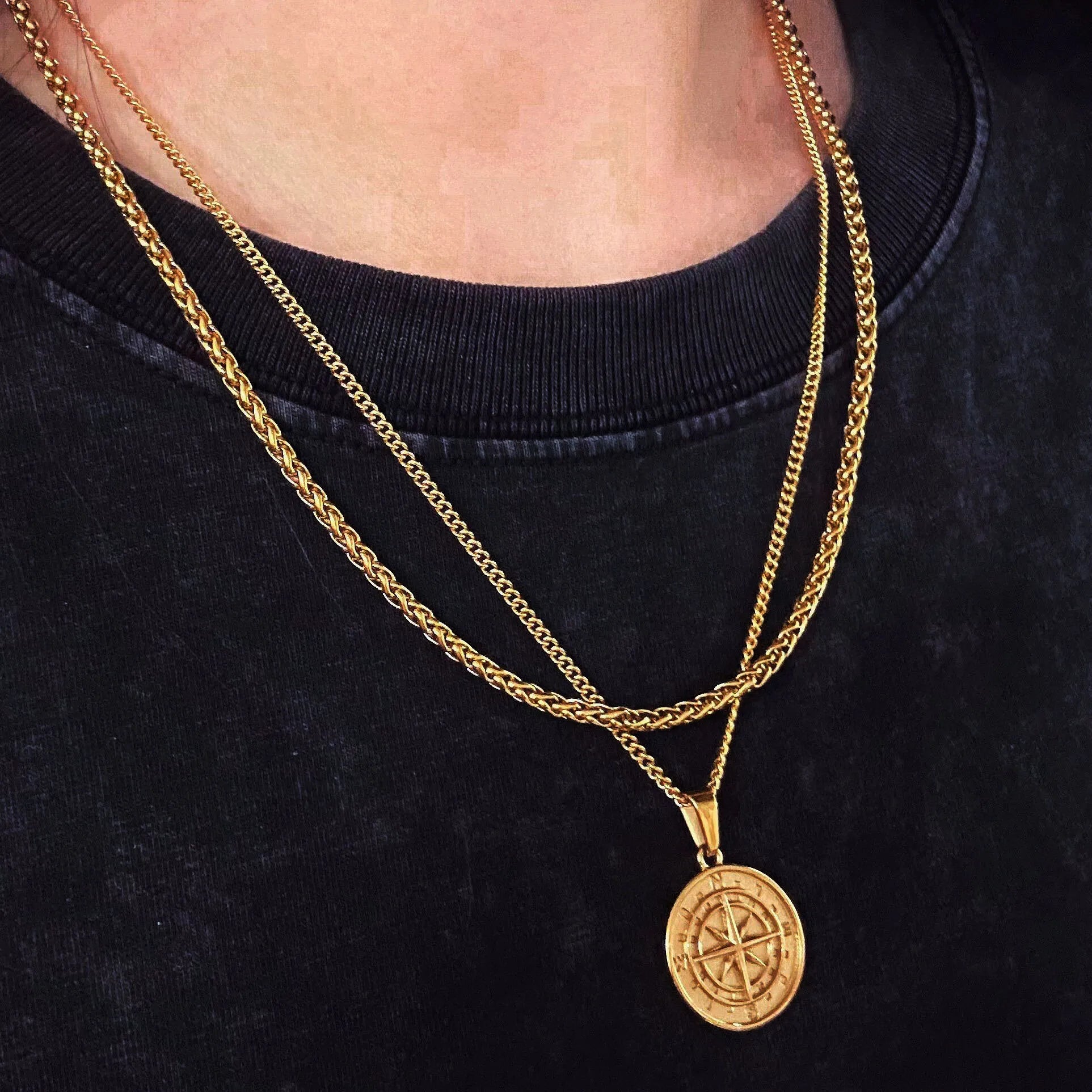 Non Tarnish Vintage Necklace Jewelry Sets 18k Gold Steel Men Compass Pendant Wheat Chain Layered Crucifix Necklace Set for Gift