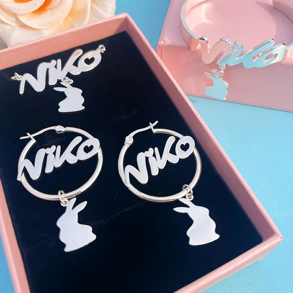 QIUHAN OEM New Personalized Easter Custom Name Necklace Rabbit Jewelry Set