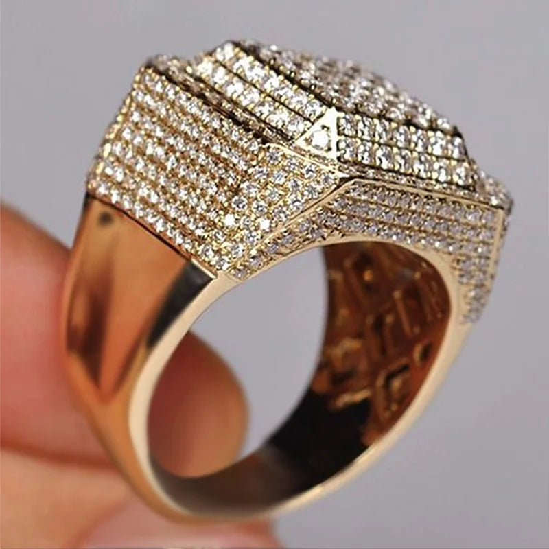 CAOSHI Luxury Hip Hop Punk Men Rings Full Rhinestone Big 18K Gold Plated Mens Diamond Ring