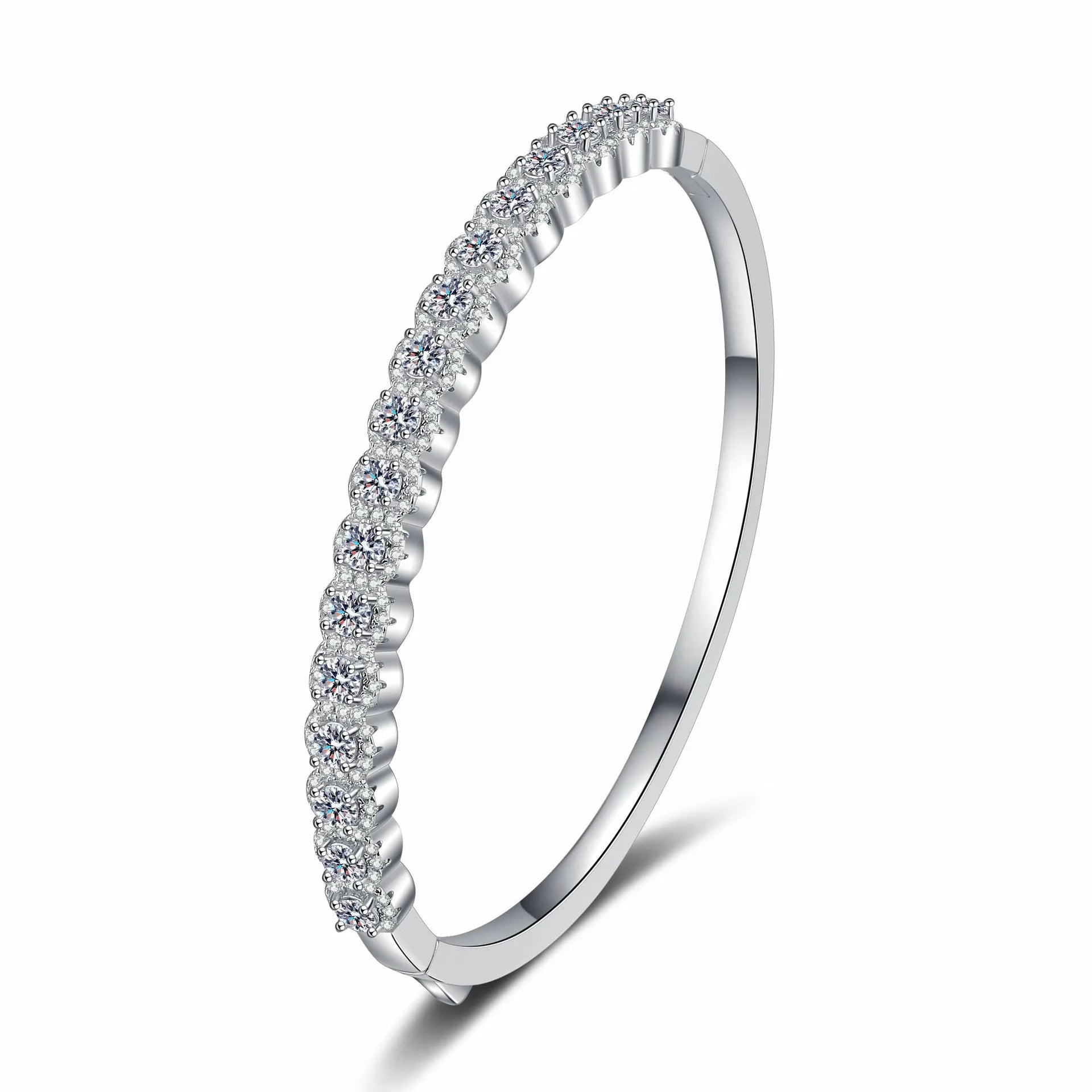 New Design 925 Sterling Silver Platinum Plated Round Brilliant Moissanite Diamond Open Bangle Bracelets for Gift