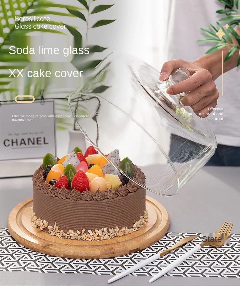 Bamboo Serving Cake Glass Dome Cover Food Preservation Cover Cake Tray Display Glass Cover Plate with Bamboo Tray