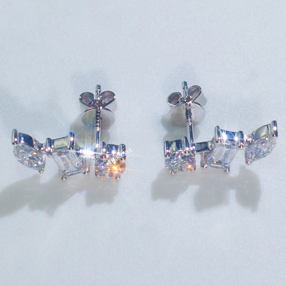 Fine 18K Gold Three Diamond Stones Moissanite Earrings Jewelry Iced Out 925 Silver Diamond Stud Radiant Earring Women