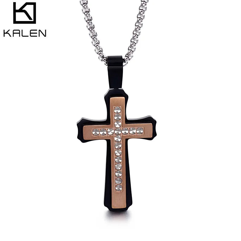 KALEN Gold Black Cross Zircon Pendant Stainless Steel Men Necklace Jewelry