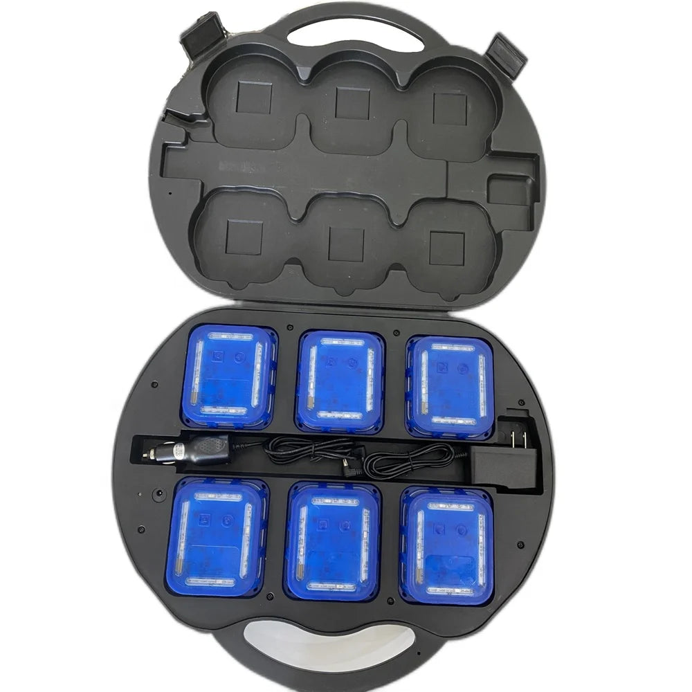 6 Pack Synchronized Rechargeable Traffic Road Warning Light Magnetic Blue LED Road Flares