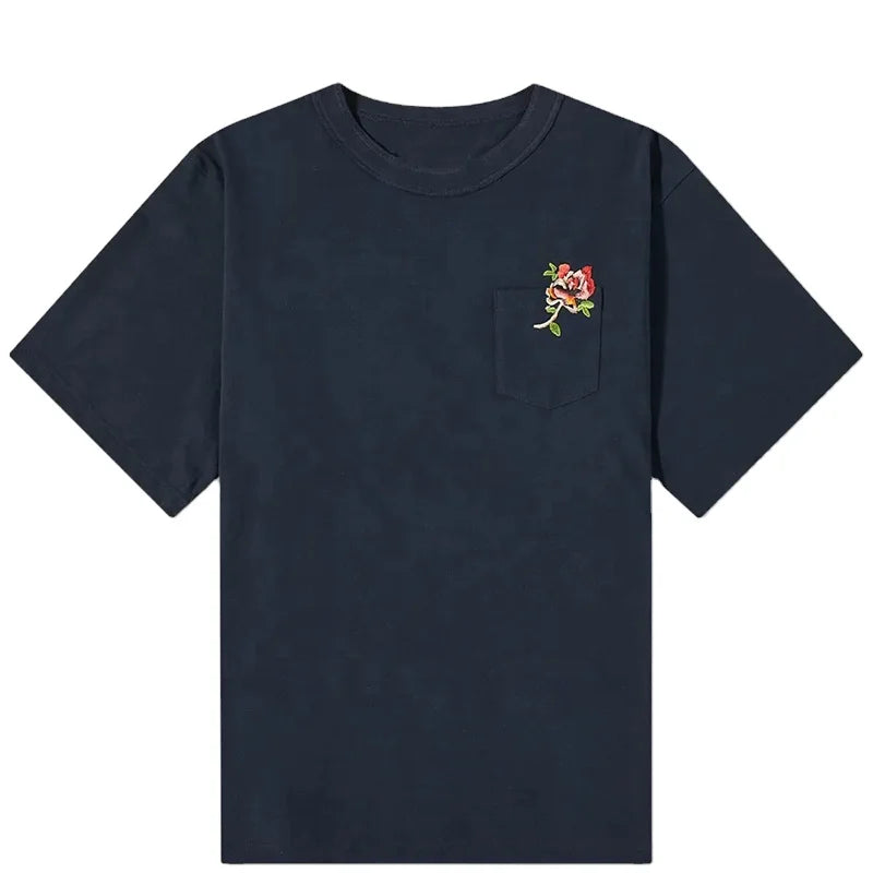 Fashion 100% Cotton Custom Embroidery Logo 220gsm Heavyweight Mens Tee Shirts Drop Shoulder Oversized Pocket Men T Shirts