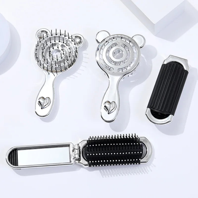 Electroplating Hollow Bear Heart Portable Hair Comb Small Silver Combs Massage With Removable Makeup Mirror Foldable Hair Brush