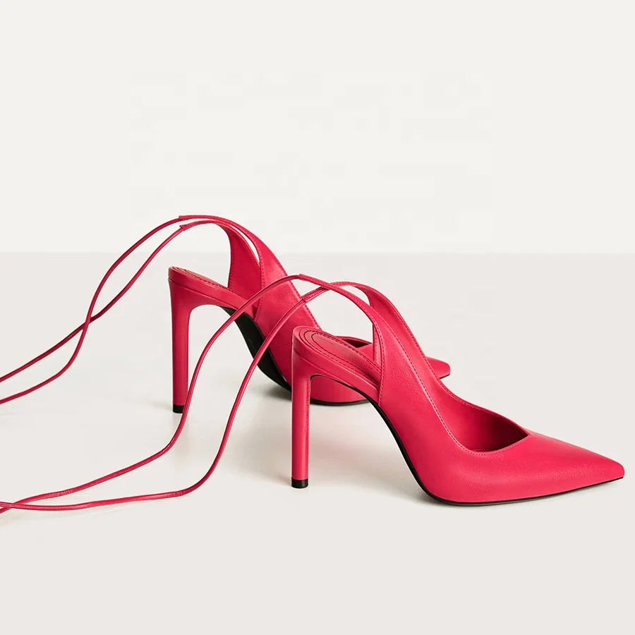 V-vamp New Arrivals Strappy Design Pointed Toe Red Tie up Heels Shoes High-heel Slingback Women Pumps Shoes