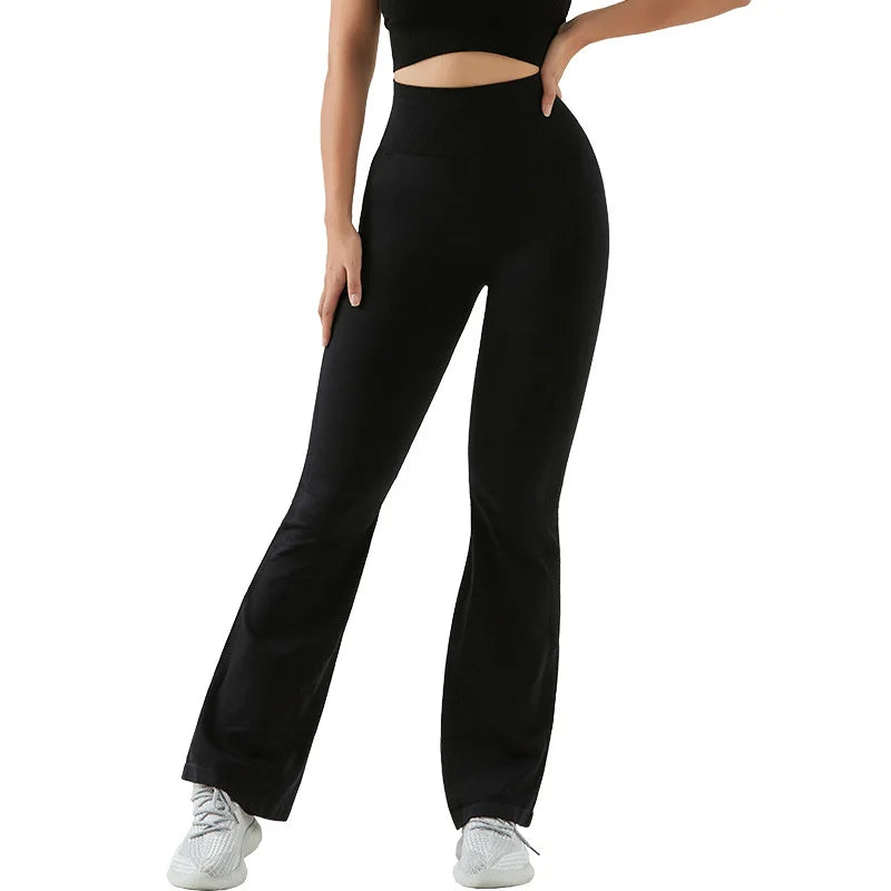 Women's Casual Wide Leg Breathable Spandex/Nylon Running Elastic Hip Lift High Waist Fitness Flared Pants