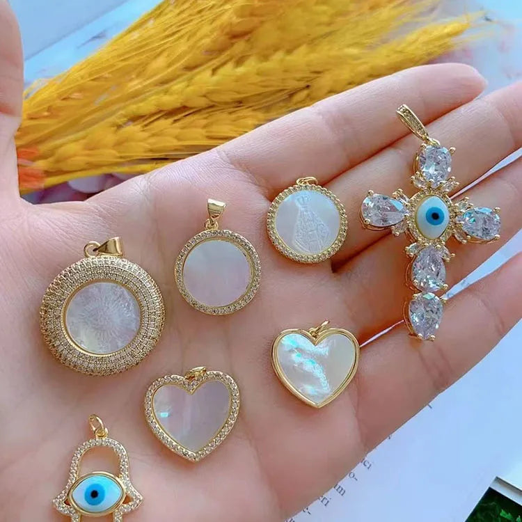 CZ8489 Gold CZ Pave Mother of Pearl Shell Evil Eyes Cross Heart Medal Virgin Mary Pendant Religious Catholic Pendants