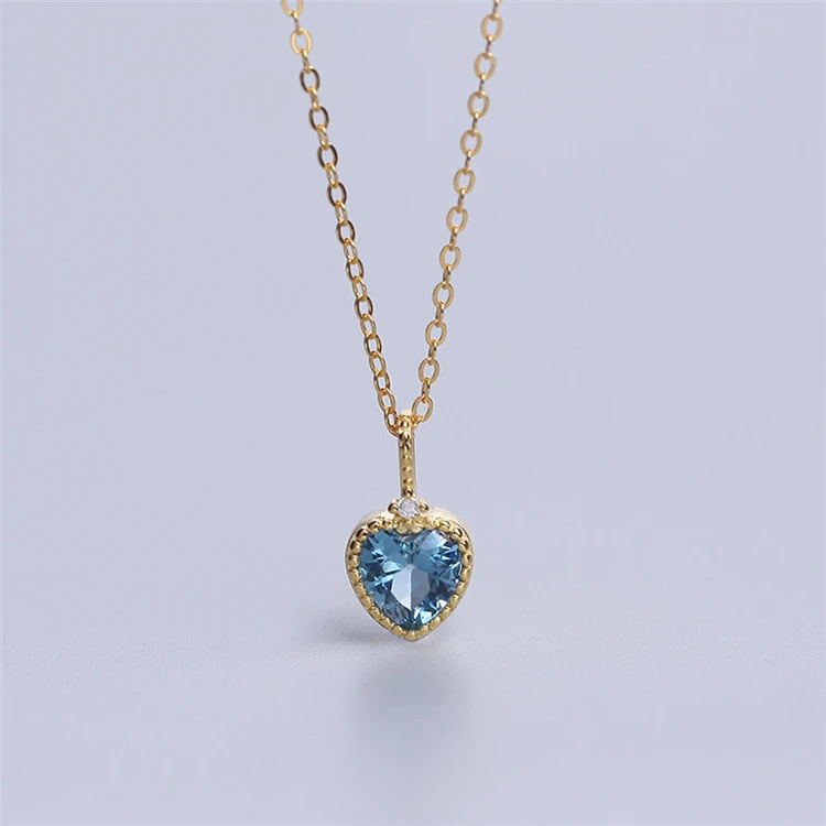 Casual S925 14k Gold Plated 5a Zircon Tiny Blue Stone Heart Necklace