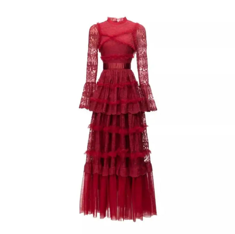 Top Quality Formal Party Long Evening Dress Spring Autumn Wedding Party Women Allover Ruffle Flower Princess Lady Long Dress
