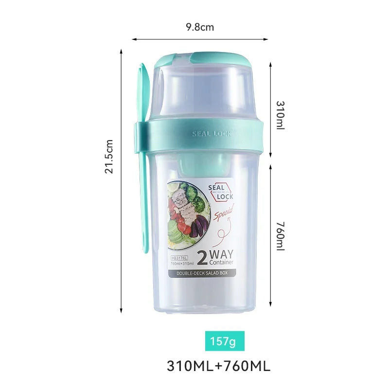 Light Weight Upper and Lower Layer Design Slimming Cup 870ml 1070ml Round Salad Bottle Cup Portable Food Storage Box with Spoon