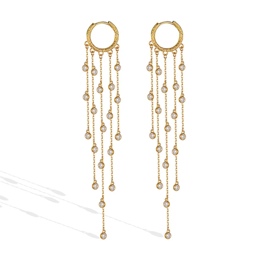 Multi Dangling Bezel Chain 18K Gold  Drop Earrings S925 Sterling Silver 925 Hoops Earrings with Long Tassel Gift for Her