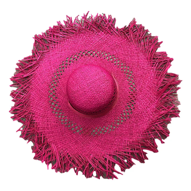 Fashion Handmade Women pink Sun Hat Wide Brim Ladies Hollow Raffia Women Summer Beach Travel Big Floppy Straw Hats