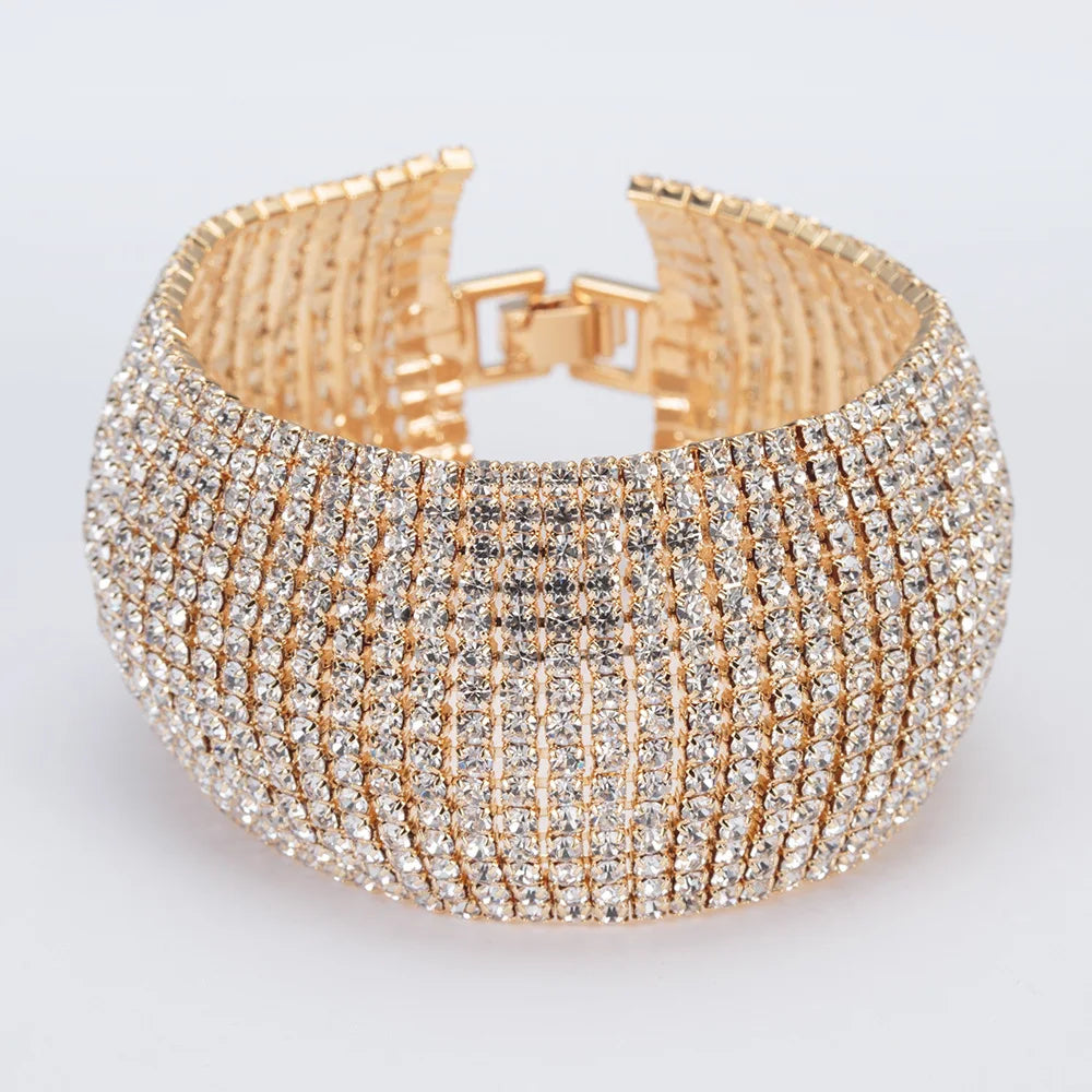 Luxury Gold Plated Bracelet with Pave Rhinestone Line Trendy Fold-over Clasp for Wedding Bridal Perfect Social Occasion Gift