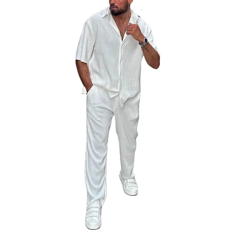 Streetwear S-3XL Men's Casual Loose Beach Wear Solid Striped Short Sleeve Set Southeast Asian Men's Shirt Two Piece Set