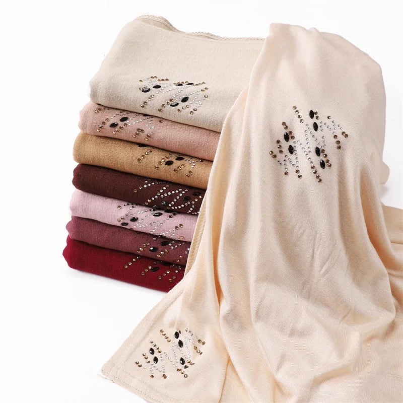MIO New Solid Color Muslim Women Long Cotton Hijab Scarf Stretch Rhinestone Jersey Hijab Scarf Soft Shawl Head Wrap Hijabs