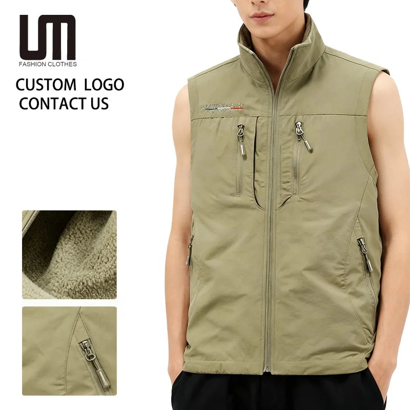 Custom Logo Winter Fashion Men's Stand Collar Windproof Fleece Jacket Casual Outdoor Plus Size Vest Front Keep Warm Sleeveless