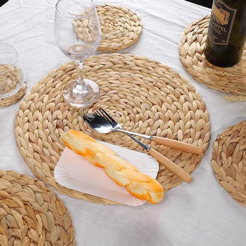 Handmade Woven Water Hyacinth Grass Meal Mat Vintage Nordic Style Insulation Coaster for Home Wedding Banquet Solid Pattern