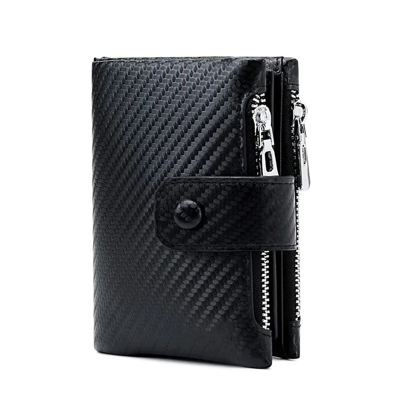 Boshiho Carbon Fiber Leather Bifold Men Wallet Anti-Theft Card Holder for Business Travel Credit Card Holder With Double Zipper