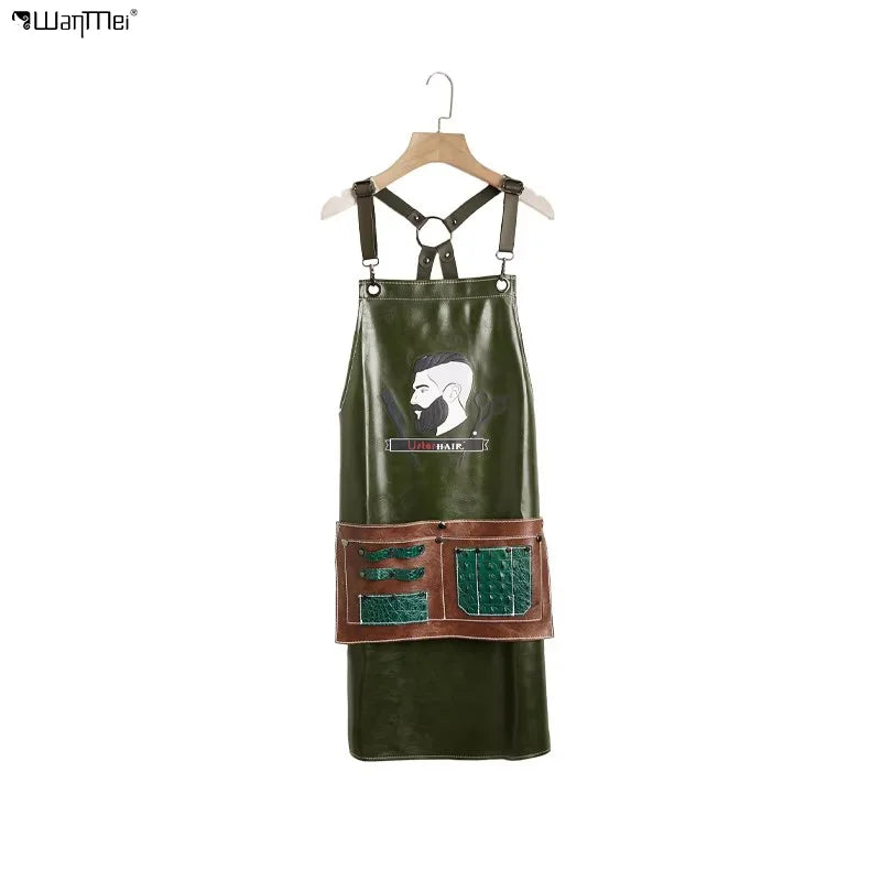 Wanmei Men's Apron Retro Green Leather Material Fashion Trend Barber Shop Haircut Tools