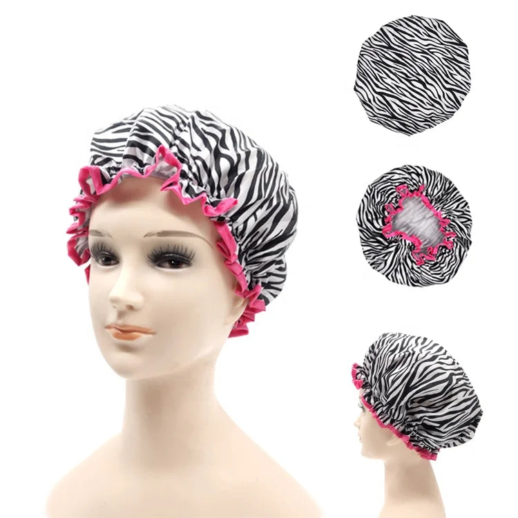 Custom Logo Women Spa Bath Accessories PEVA Polyester Hair Cover Bonnet Hat Headgear Double Layer Waterproof Elastic Shower Cap