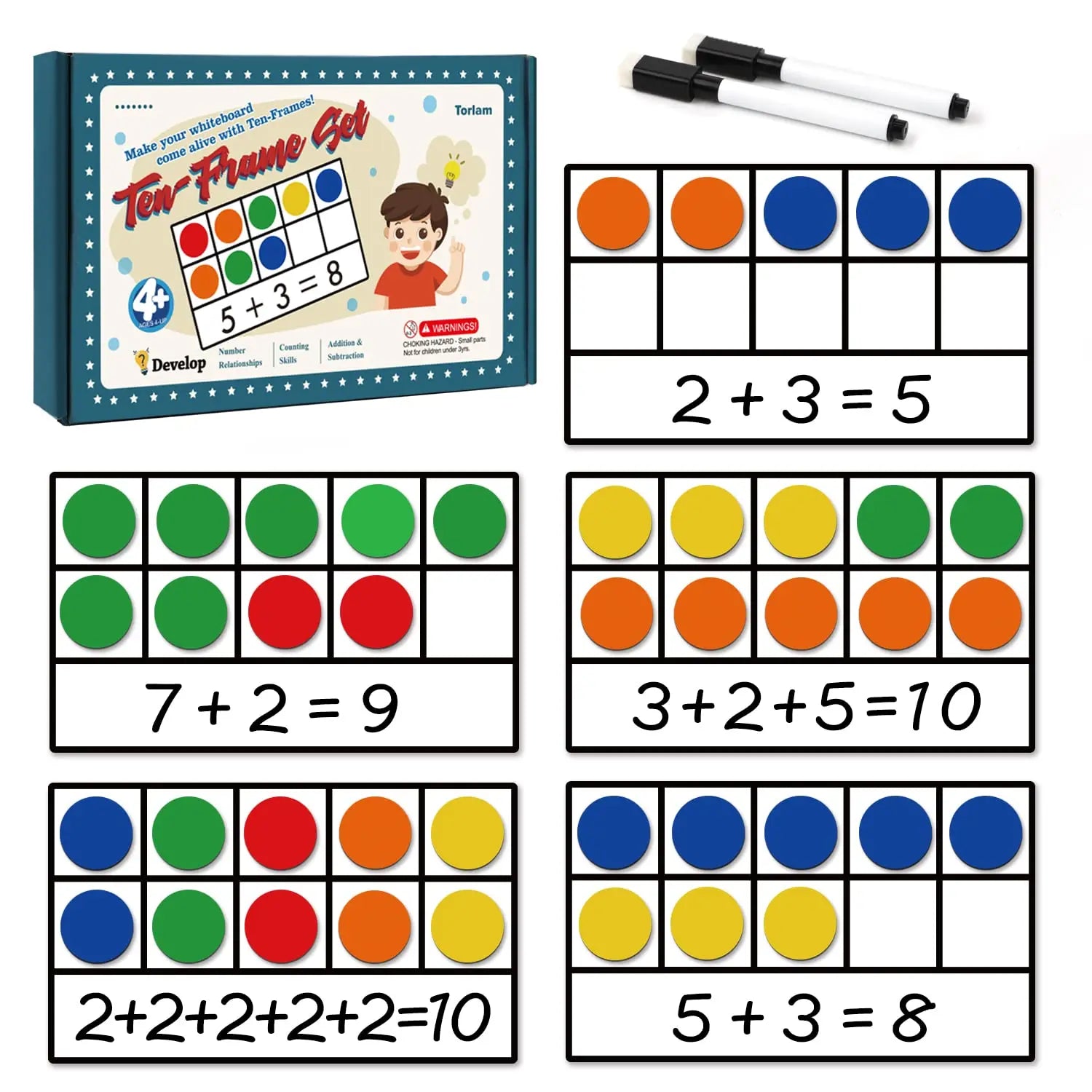 Magnetic Ten-Frame Set - Math Manipulative for Elementary - 5 Ten Frames & 55 Math Counters for Kids Math Games for Kids